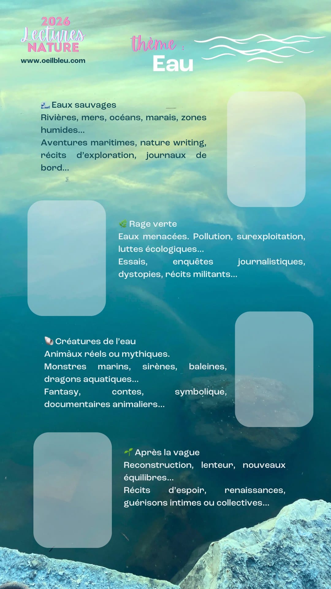 Les 4 thèmes du Challenge Lecture Nature 2026 : eaux sauvages, créatures de l’eau, rage verte et après la vague